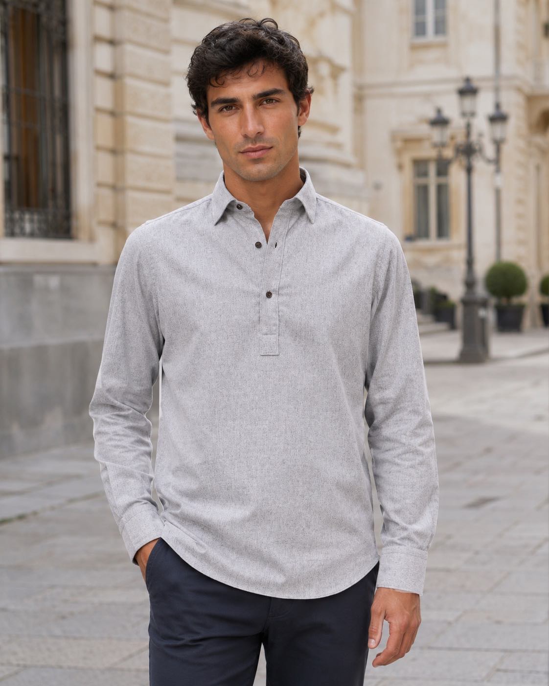 Polo Duomo Manga Larga Gris Claro